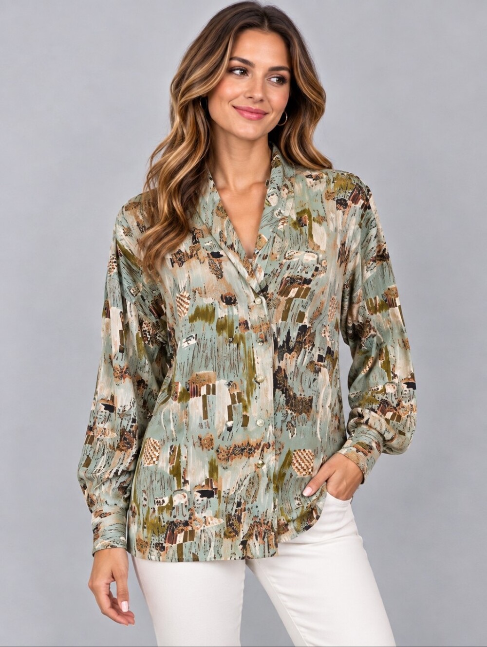 VTG APART 1980s Abstract Paintbrush Button Down Long Sleeve Blouse